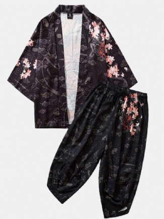 Herren-kimono Im Ethno-stil Loong Gragon-druck Mit Elastischer Taille Zweiteilige Outfits