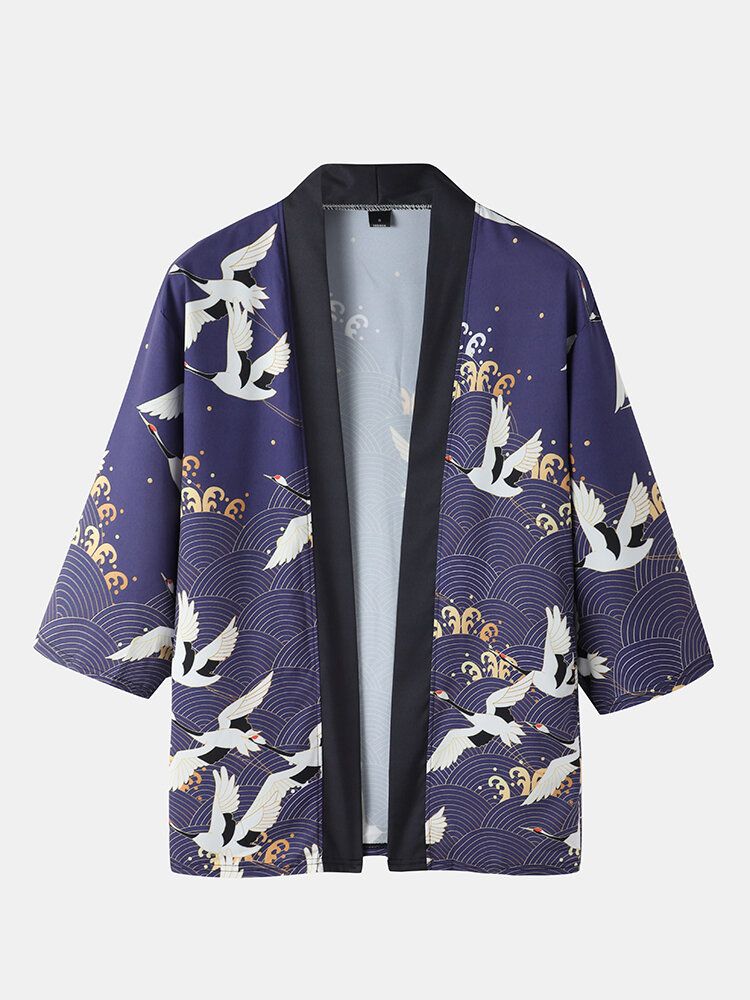 Herren-kimono Im Ethno-stil Mit Kranich-aufdruck Vorne Offen Lässige Zweiteiler-outfits