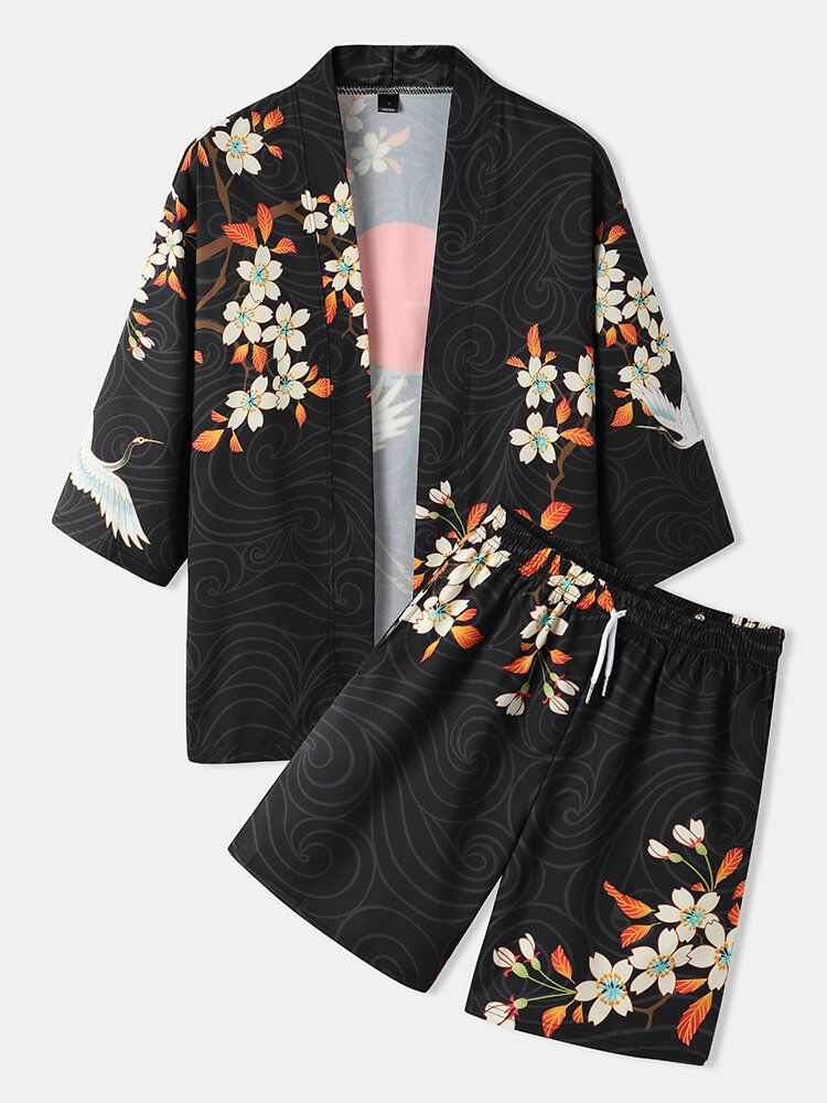 Herren-kimono Mit Floralem Kranichdruck Vorne Offen Zweiteilige Outfits