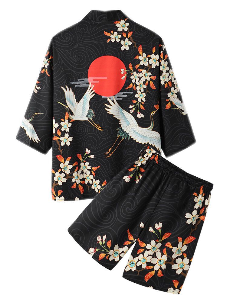 Herren-kimono Mit Floralem Kranichdruck Vorne Offen Zweiteilige Outfits