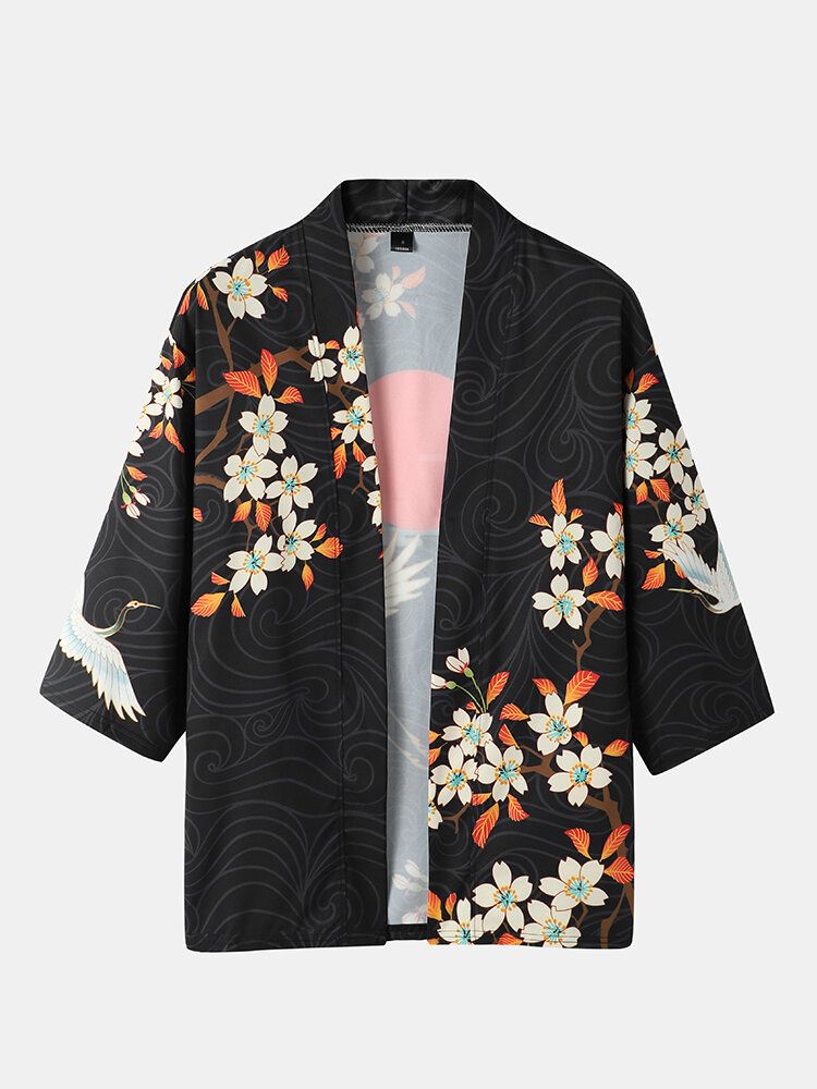 Herren-kimono Mit Floralem Kranichdruck Vorne Offen Zweiteilige Outfits