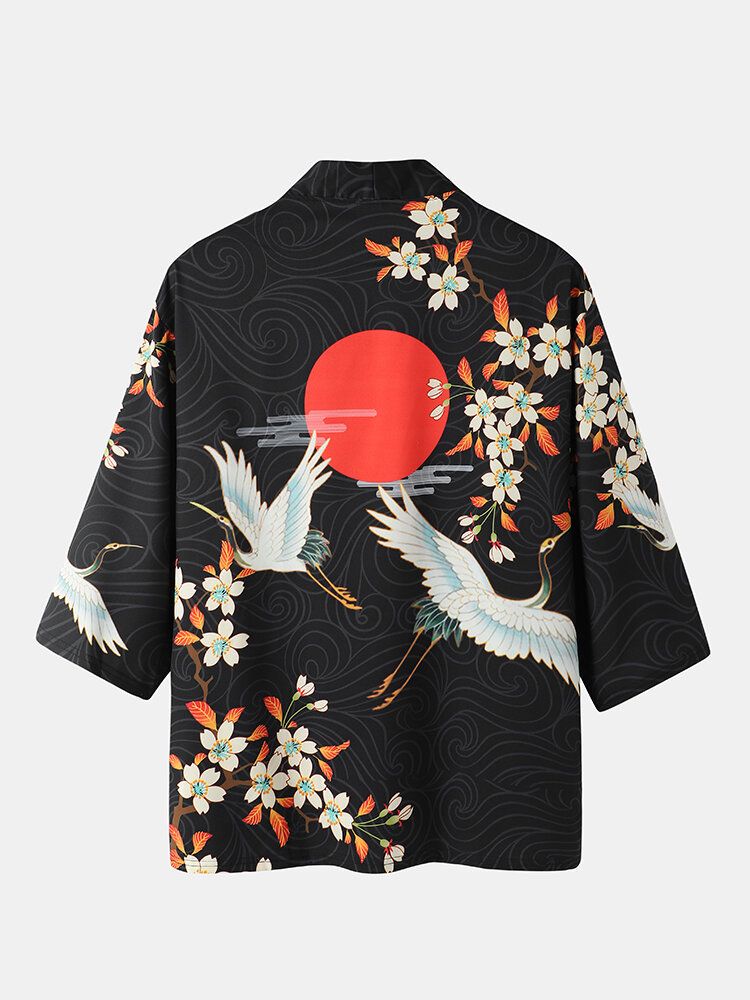 Herren-kimono Mit Floralem Kranichdruck Vorne Offen Zweiteilige Outfits