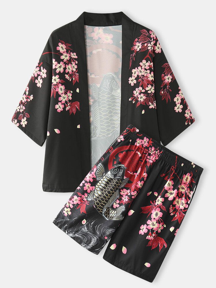 Herren-kimono Mit Karpfen-blumendruck Japanischer Fisch Elastische Taille Zweiteilige Outfits