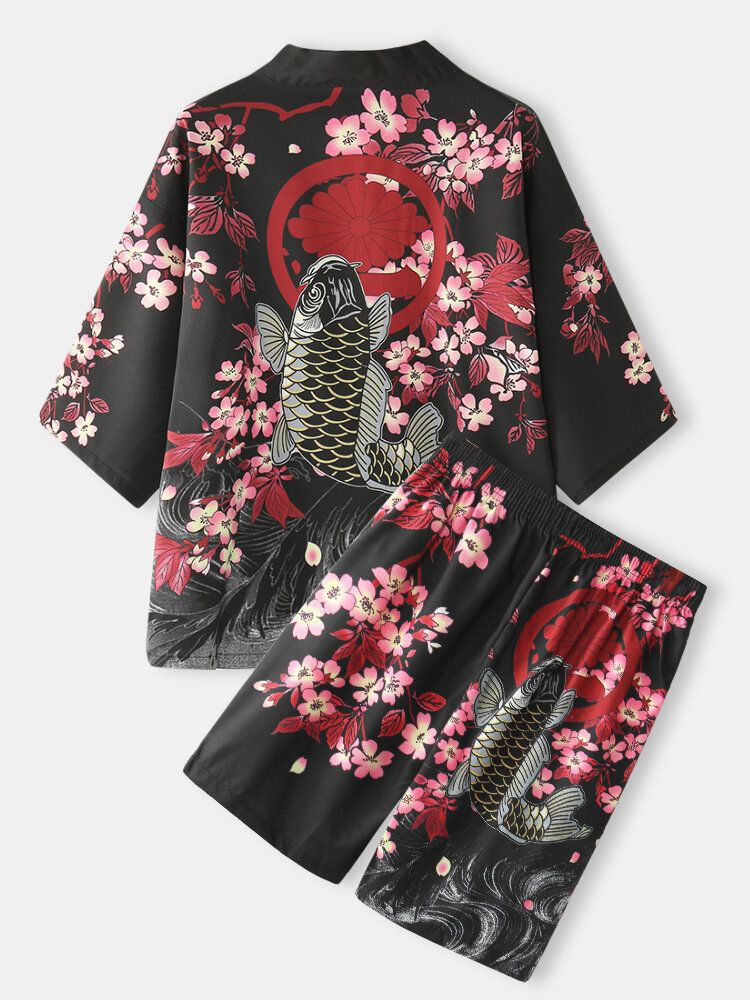 Herren-kimono Mit Karpfen-blumendruck Japanischer Fisch Elastische Taille Zweiteilige Outfits