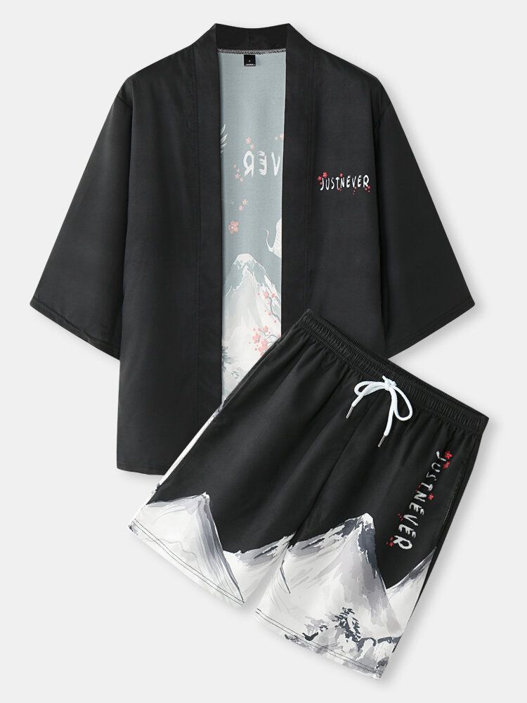 Herren-kimono Mit Kranich-gebirgslandschaftsaufdruck Tasche Zweiteiler