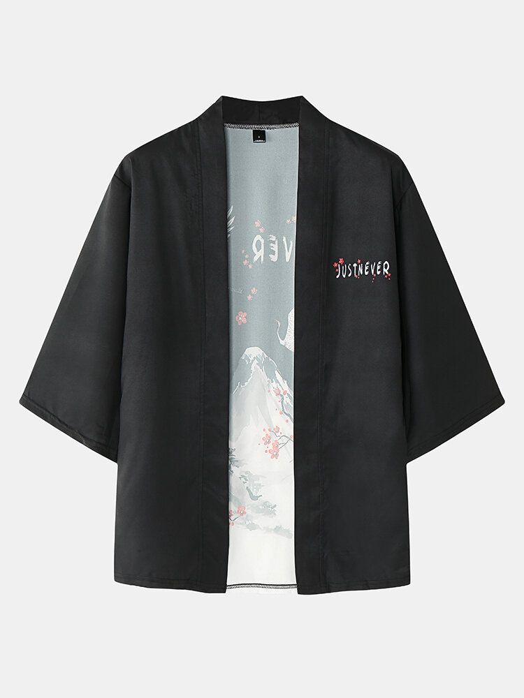 Herren-kimono Mit Kranich-gebirgslandschaftsaufdruck Tasche Zweiteiler