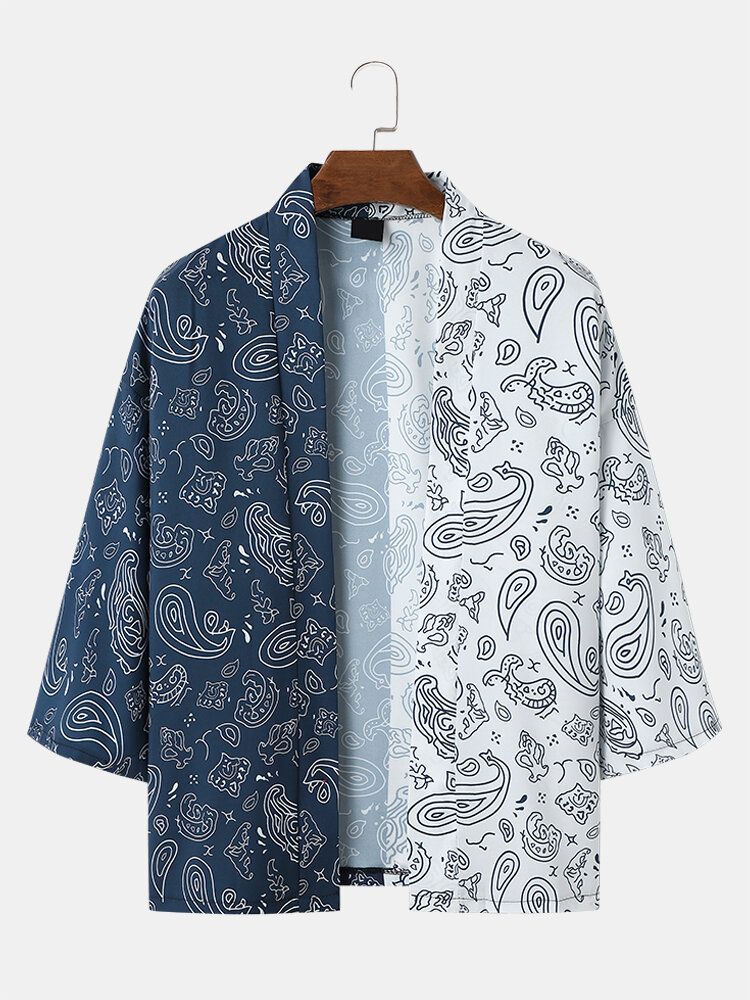 Herren-kimono Mit Zweifarbigem Paisley-print Und Offener Vorderseite