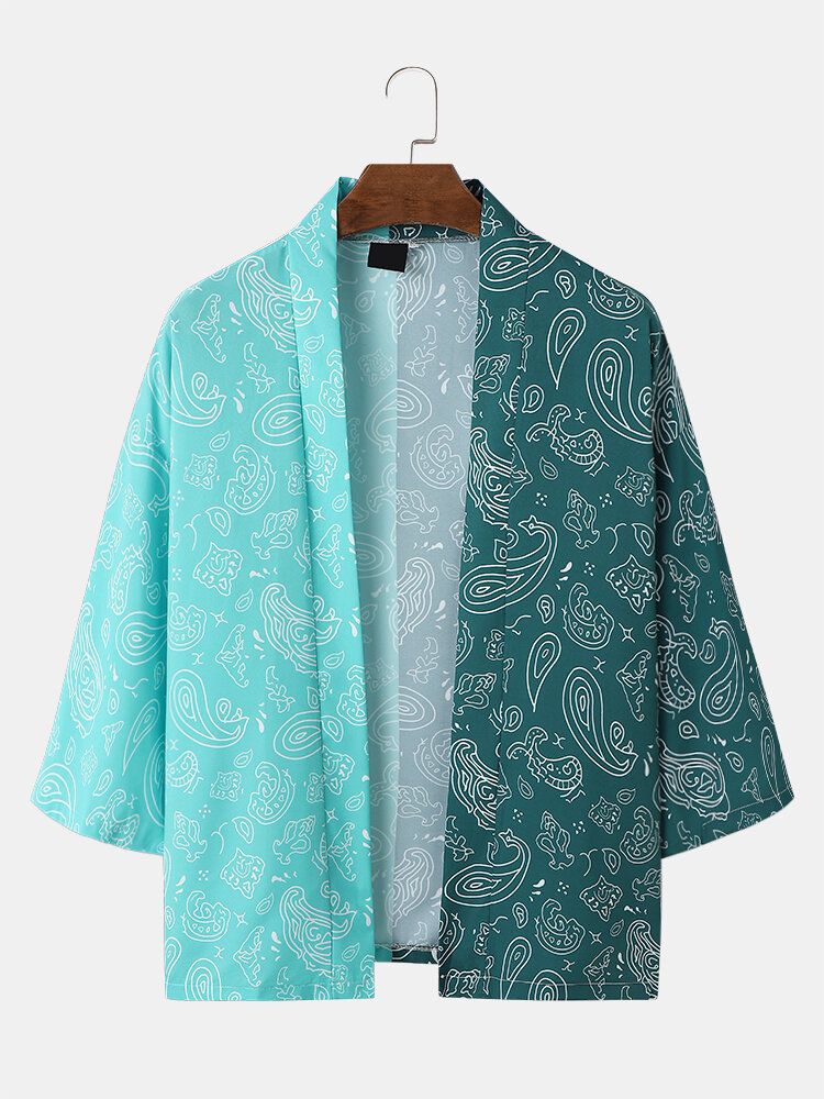 Herren-kimono Mit Zweifarbigem Paisley-print Und Offener Vorderseite