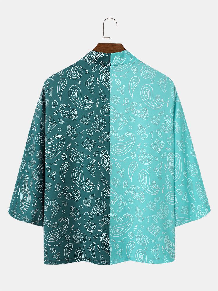 Herren-kimono Mit Zweifarbigem Paisley-print Und Offener Vorderseite