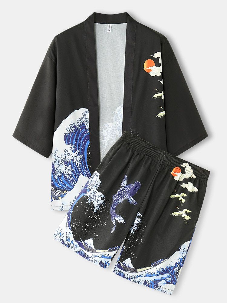 Herren-kimono-wellen-kappen-muster Japanische Zweiteilige Outfits Mit Elastischer Taille