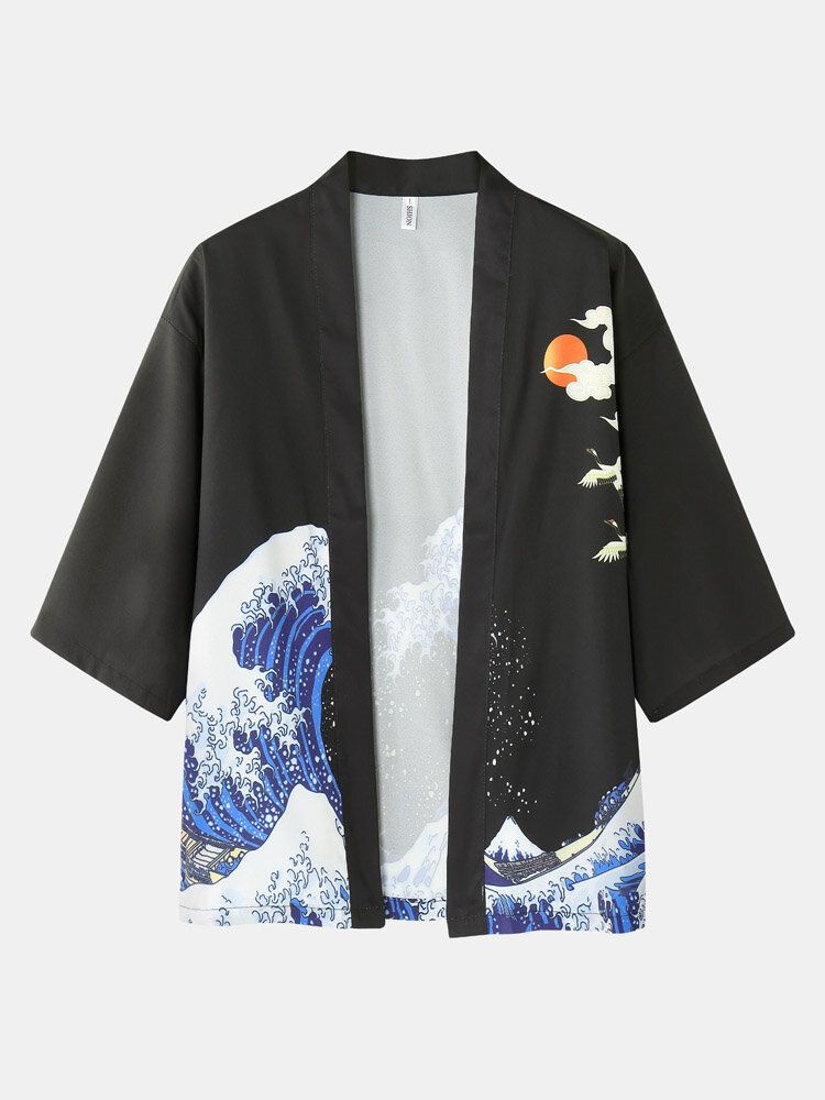 Herren-kimono-wellen-kappen-muster Japanische Zweiteilige Outfits Mit Elastischer Taille