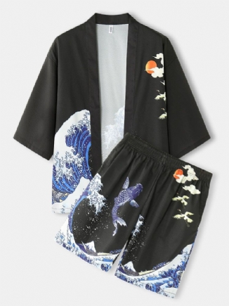 Herren-kimono-wellen-kappen-muster Japanische Zweiteilige Outfits Mit Elastischer Taille