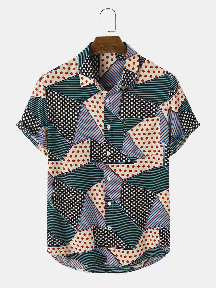 Herren Kurzarmhemden Mit Blockstreifen Und Polkadot-print