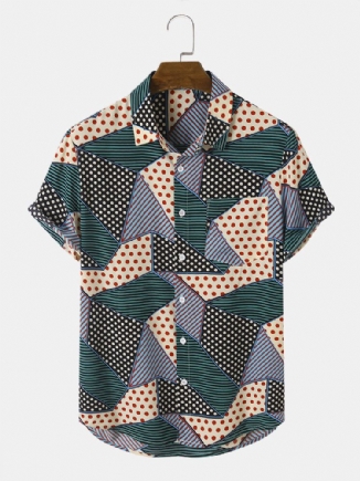 Herren Kurzarmhemden Mit Blockstreifen Und Polkadot-print