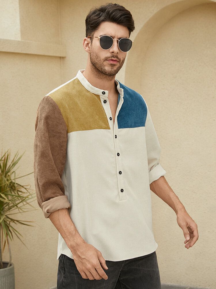 Herren Patchwork Kontrast Farbblock Langarm Stehkragen Knöpfe Henley-hemden