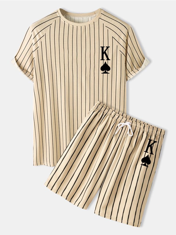 Herren Stripe K Poker Print Raglanärmel Freizeithemden Zweiteilige Outfits