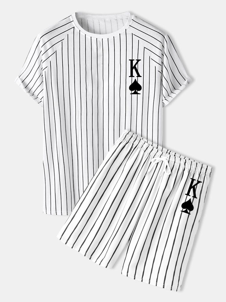 Herren Stripe K Poker Print Raglanärmel Freizeithemden Zweiteilige Outfits