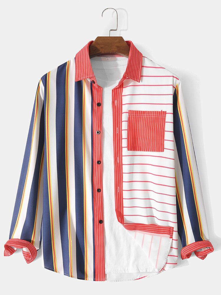 Herren Stripe Patchwork Button Up Lässige Langarmhemden