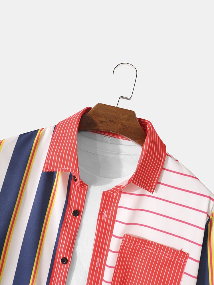 Herren Stripe Patchwork Button Up Lässige Langarmhemden