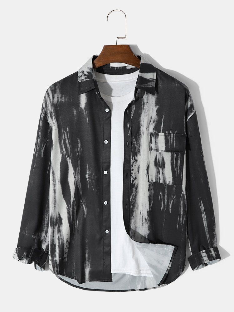 Herren Tie-dye Fashion Taschen-revers-kragen Outwear Langarm-hemd