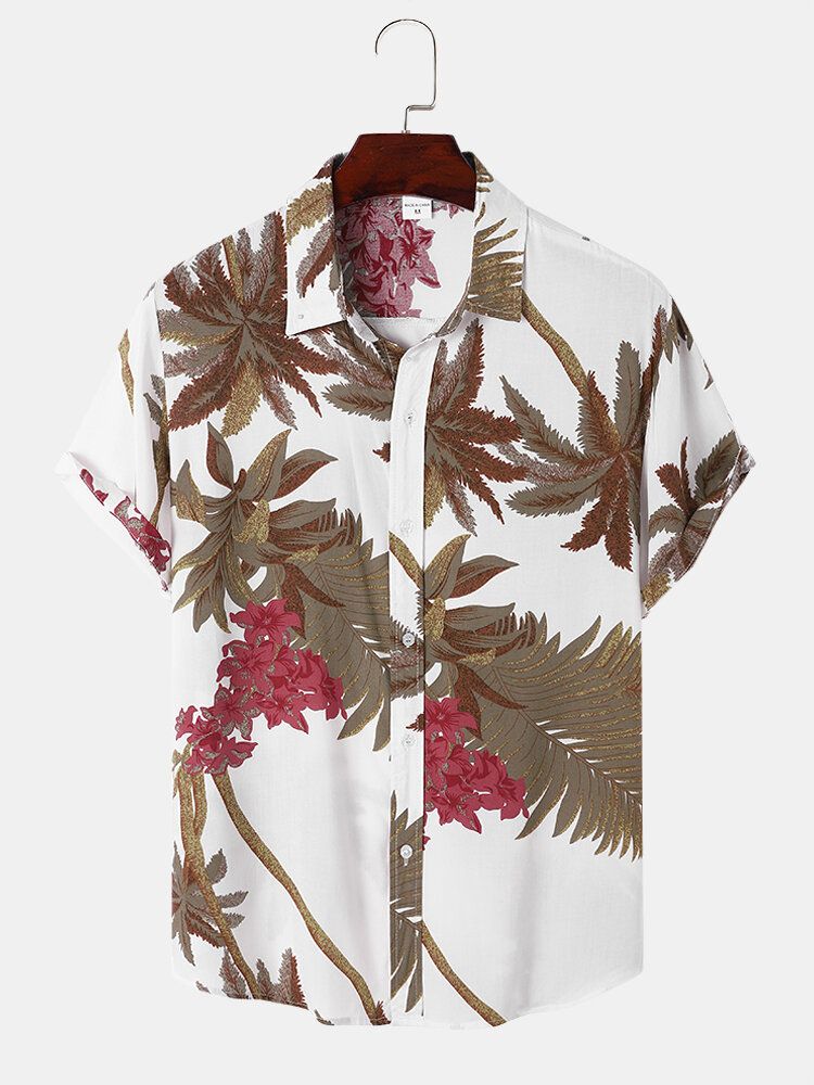 Herren Tropical Leaf Hawaii Style Lässige Hautfreundliche Passende Weiche Hemden