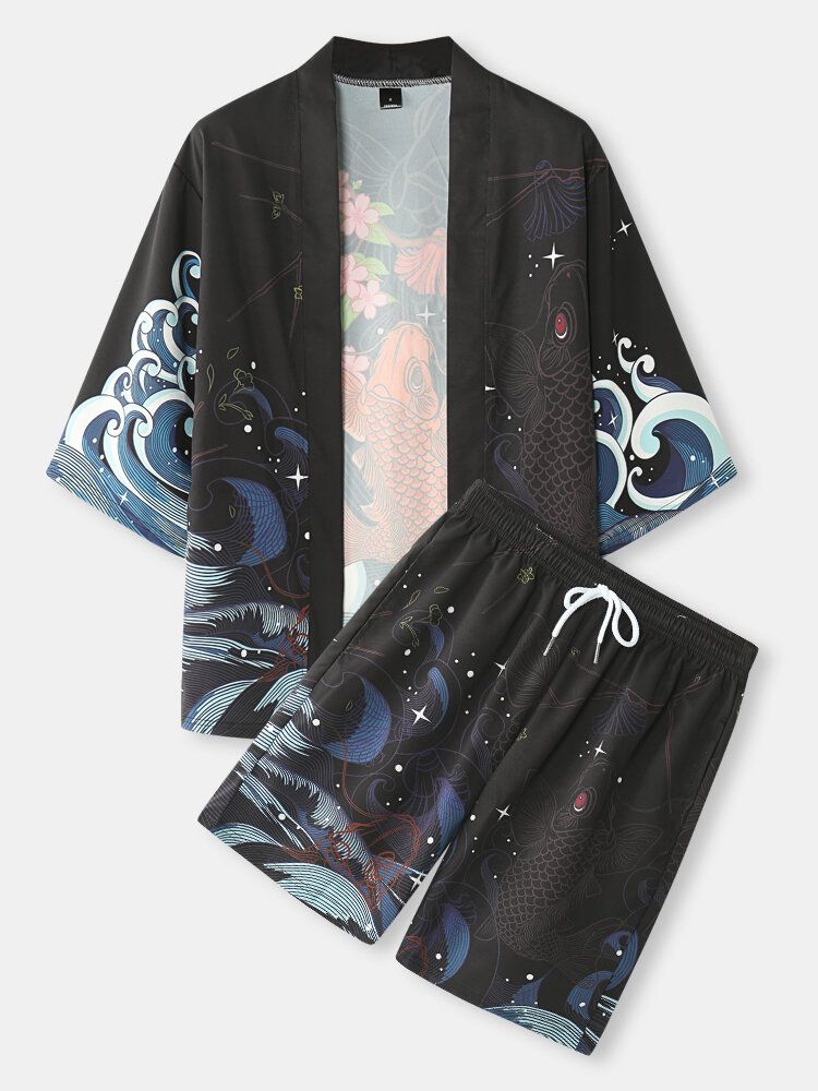 Japanische Zweiteilige Kimono-outfits Mit Fisch-kirschblüten-koi-rückendruck Für Herren