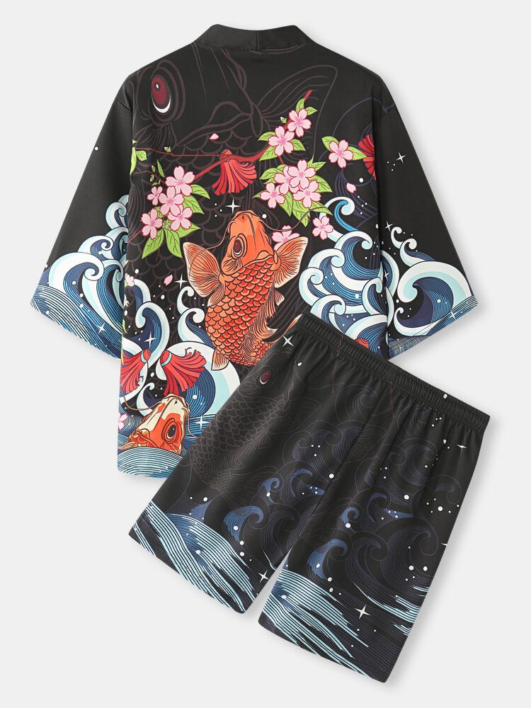 Japanische Zweiteilige Kimono-outfits Mit Fisch-kirschblüten-koi-rückendruck Für Herren