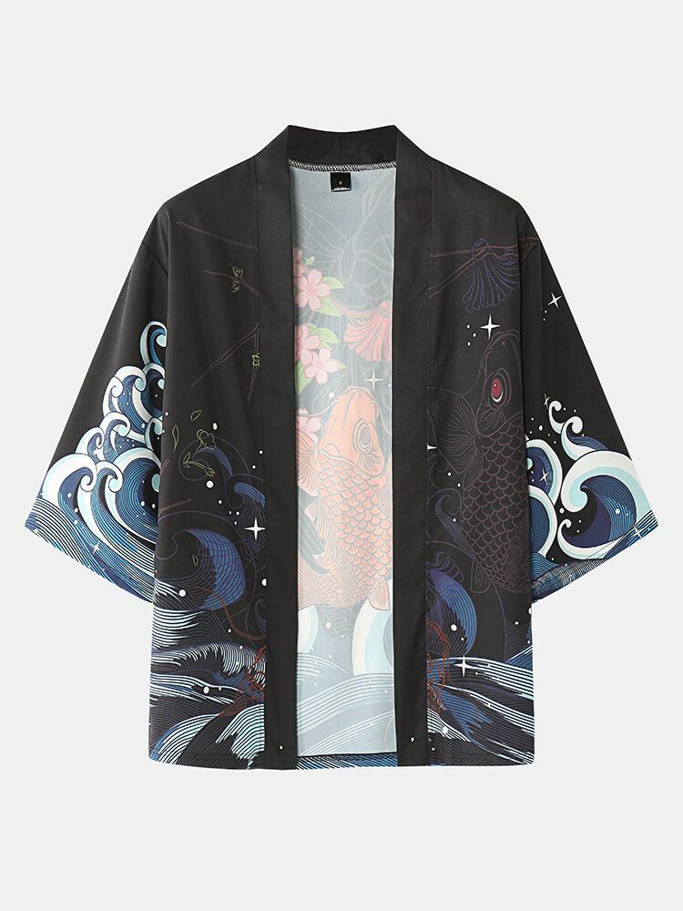 Japanische Zweiteilige Kimono-outfits Mit Fisch-kirschblüten-koi-rückendruck Für Herren