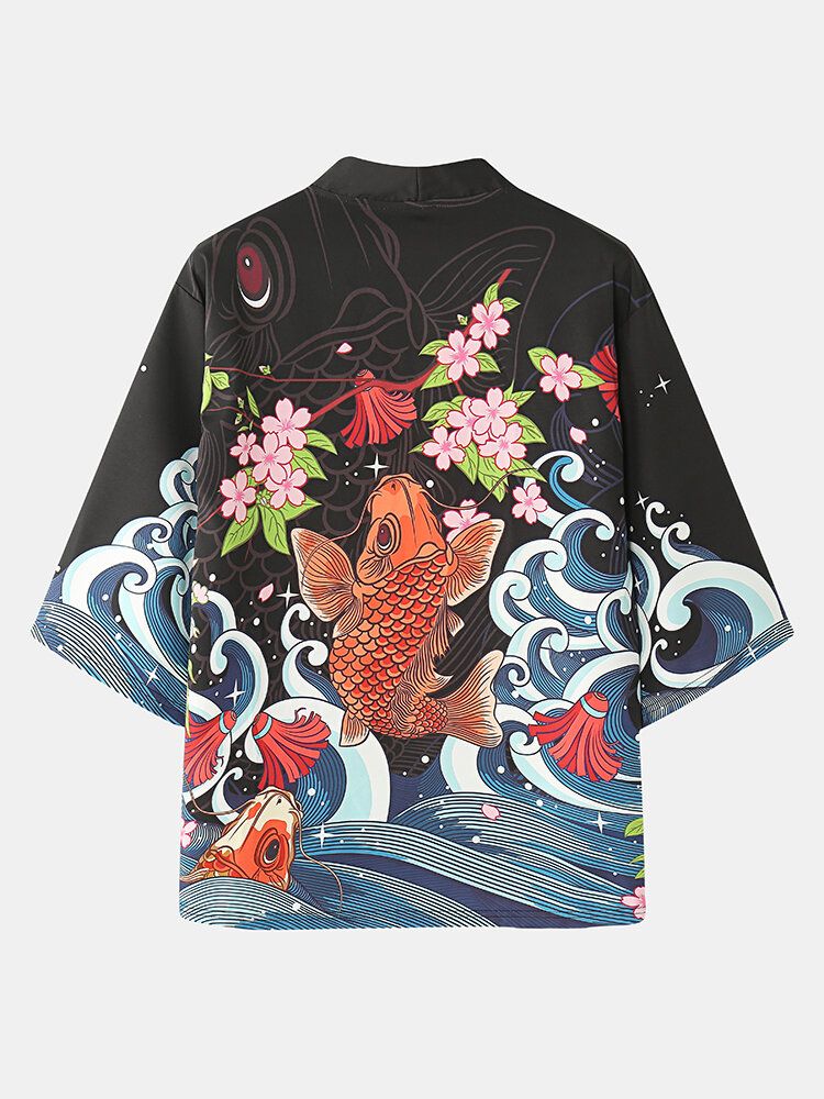 Japanische Zweiteilige Kimono-outfits Mit Fisch-kirschblüten-koi-rückendruck Für Herren