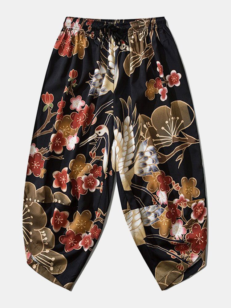 Japanischer Kimono Für Herren Mit Kranich-blumendruck Vorne Offene Hose Kombis