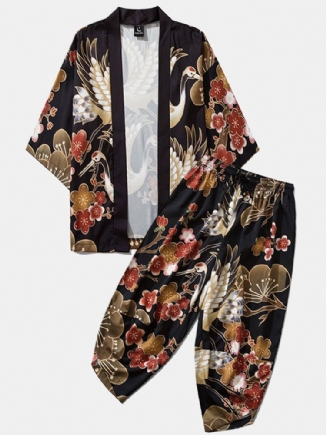 Japanischer Kimono Für Herren Mit Kranich-blumendruck Vorne Offene Hose Kombis