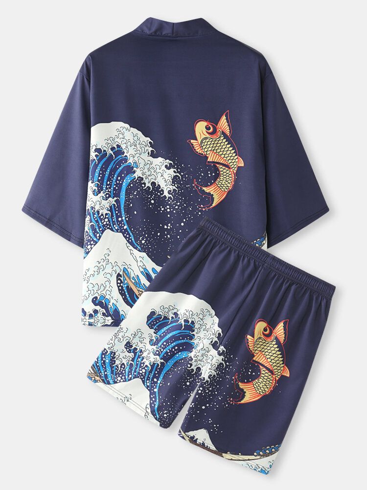 Japanischer Kimono Für Herren Welle Koi Ukiyoe-rückendruck Zweiteilige Outfits