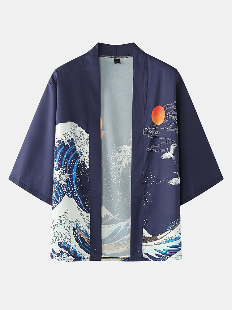 Japanischer Kimono Für Herren Welle Koi Ukiyoe-rückendruck Zweiteilige Outfits