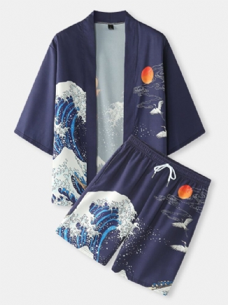 Japanischer Kimono Für Herren Welle Koi Ukiyoe-rückendruck Zweiteilige Outfits