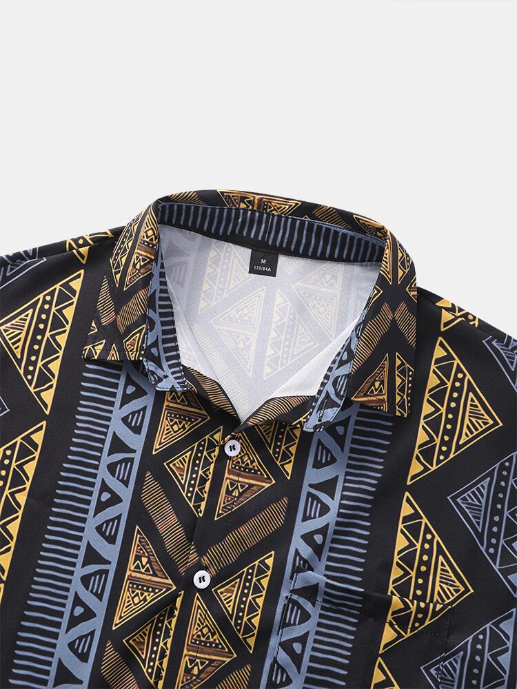 Männer Argyle Geometric Contrast Ethnic Revers Front Button Hautfreundliche Freizeithemden