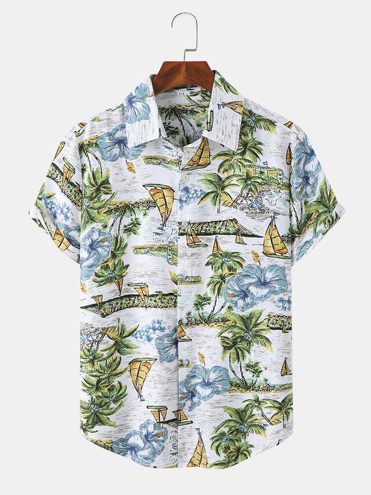 Männer Landschaft Boot Baum Muster Kurzarm Hawaii Stil Elegante Hemden