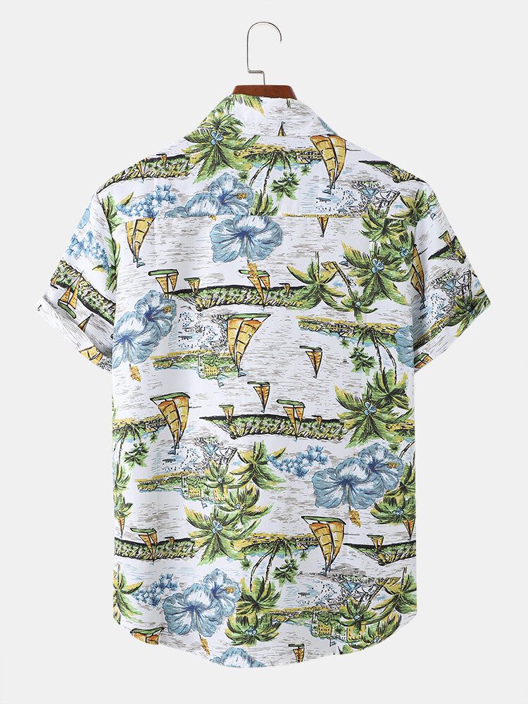 Männer Landschaft Boot Baum Muster Kurzarm Hawaii Stil Elegante Hemden