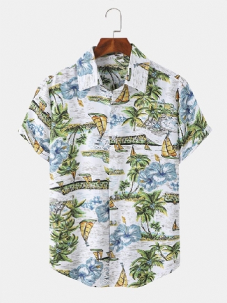 Männer Landschaft Boot Baum Muster Kurzarm Hawaii Stil Elegante Hemden