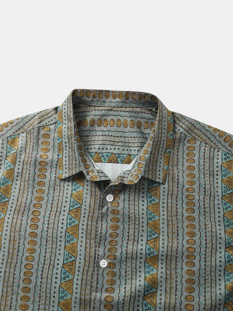 Männer Retro Ethnic Striped Print Buttons Up Reverskragen Kurzarmhemden