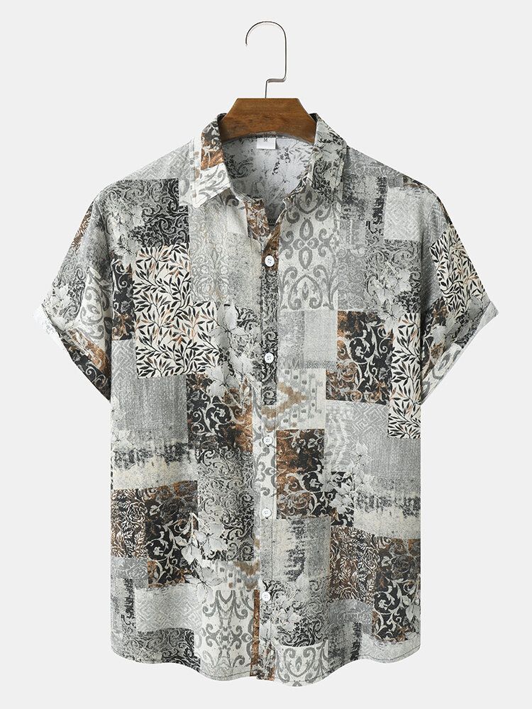 Männer Retro-stil Patchwork Street Revers Saummanschette Kurzarm Regular Shirts