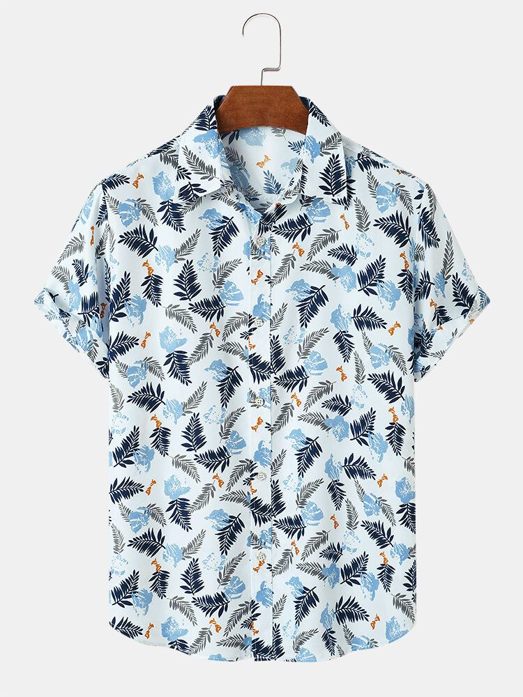 Männer Tropical Leaves Print Revers Regular Fit Urlaub Lässige Kurzarmhemden