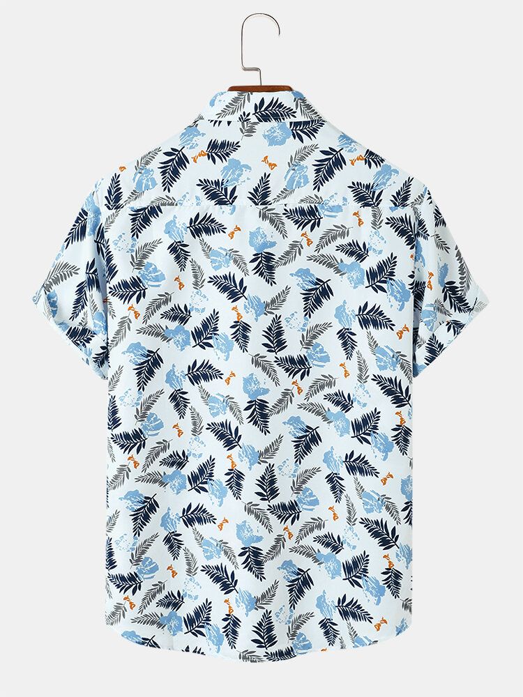 Männer Tropical Leaves Print Revers Regular Fit Urlaub Lässige Kurzarmhemden