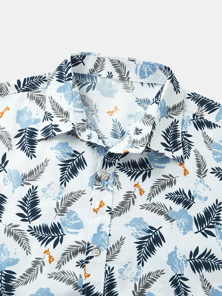 Männer Tropical Leaves Print Revers Regular Fit Urlaub Lässige Kurzarmhemden