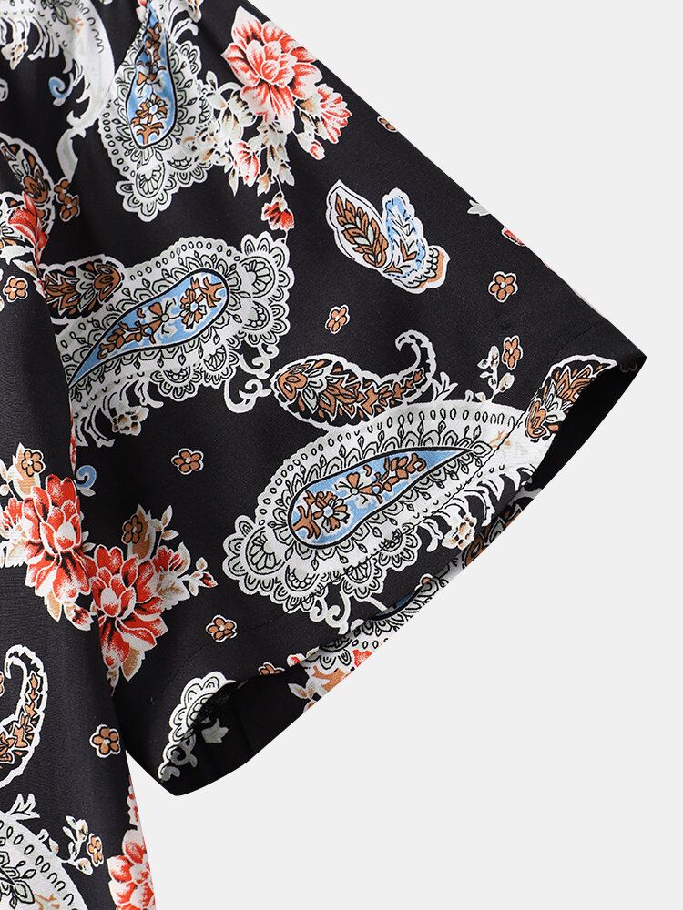 Männer Vintage Paisley Muster Street Buttons Up Revers Saum Manschette Freizeithemden