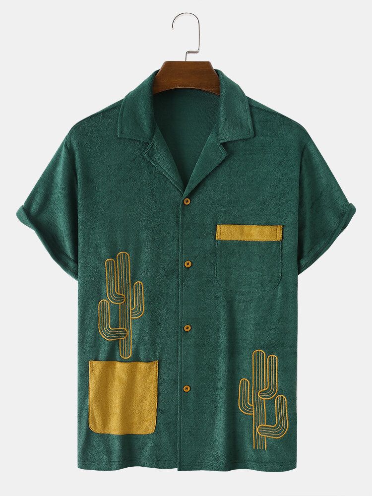 Men Cactus Bestickte Handtuchstruktur Doppeltaschen Hit Color Comfy Shirts