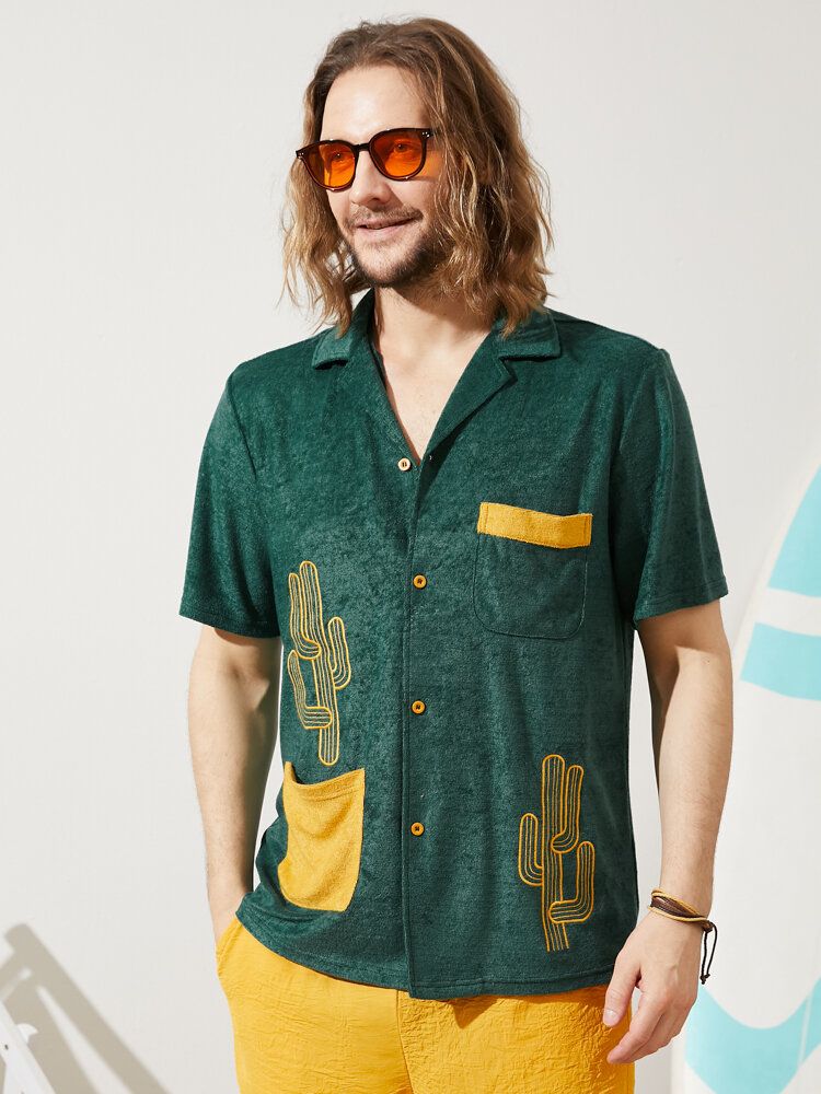 Men Cactus Bestickte Handtuchstruktur Doppeltaschen Hit Color Comfy Shirts