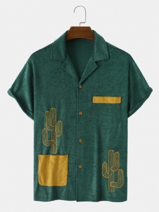 Men Cactus Bestickte Handtuchstruktur Doppeltaschen Hit Color Comfy Shirts