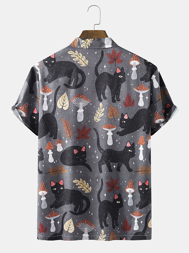 Street Cat Mushroom Print Reverskragenhemden Für Herren