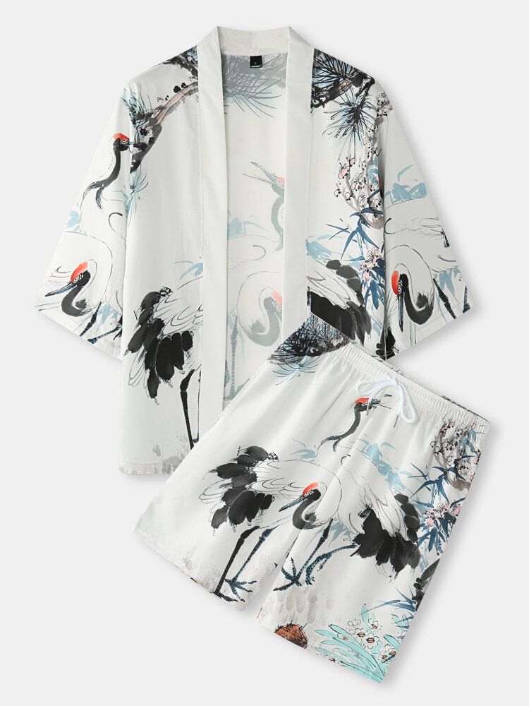 Zweiteilige Kimono-outfits Für Herren Mit Tuschemalerei Kranich-print Tasche Vorne Offen