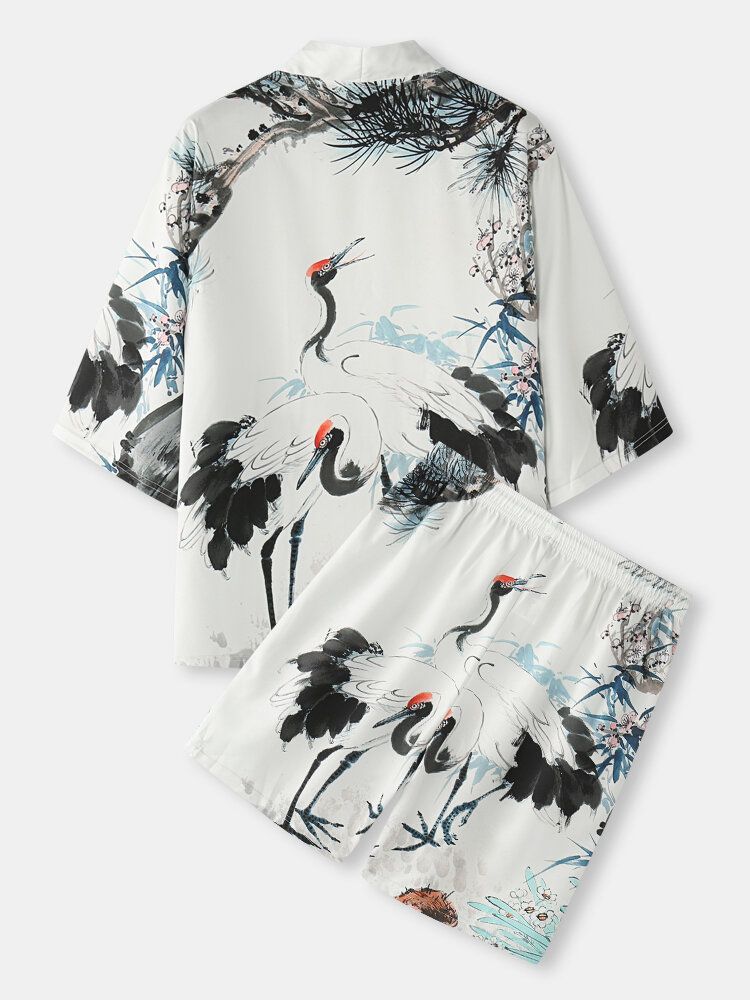 Zweiteilige Kimono-outfits Für Herren Mit Tuschemalerei Kranich-print Tasche Vorne Offen